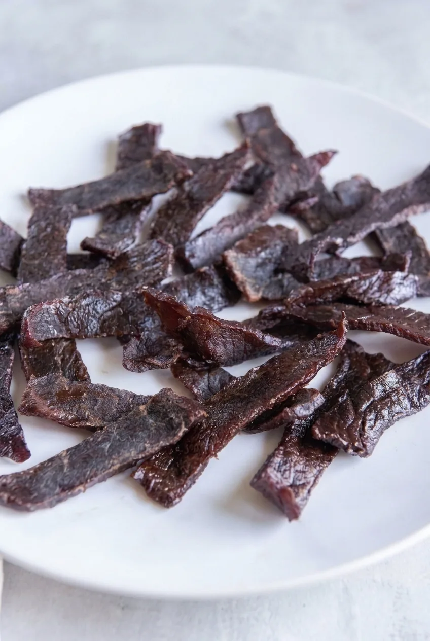 Overhead view of dark, chewy air fryer beef jerky strips scattered across a white serving plate.