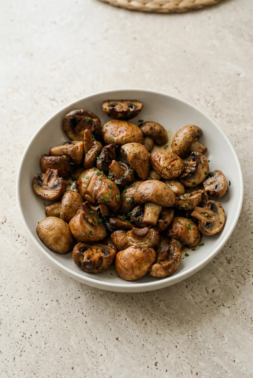 Overhead view of tender air fryer garlic mushrooms with browned edges, garlic butter, and scattered parsley.