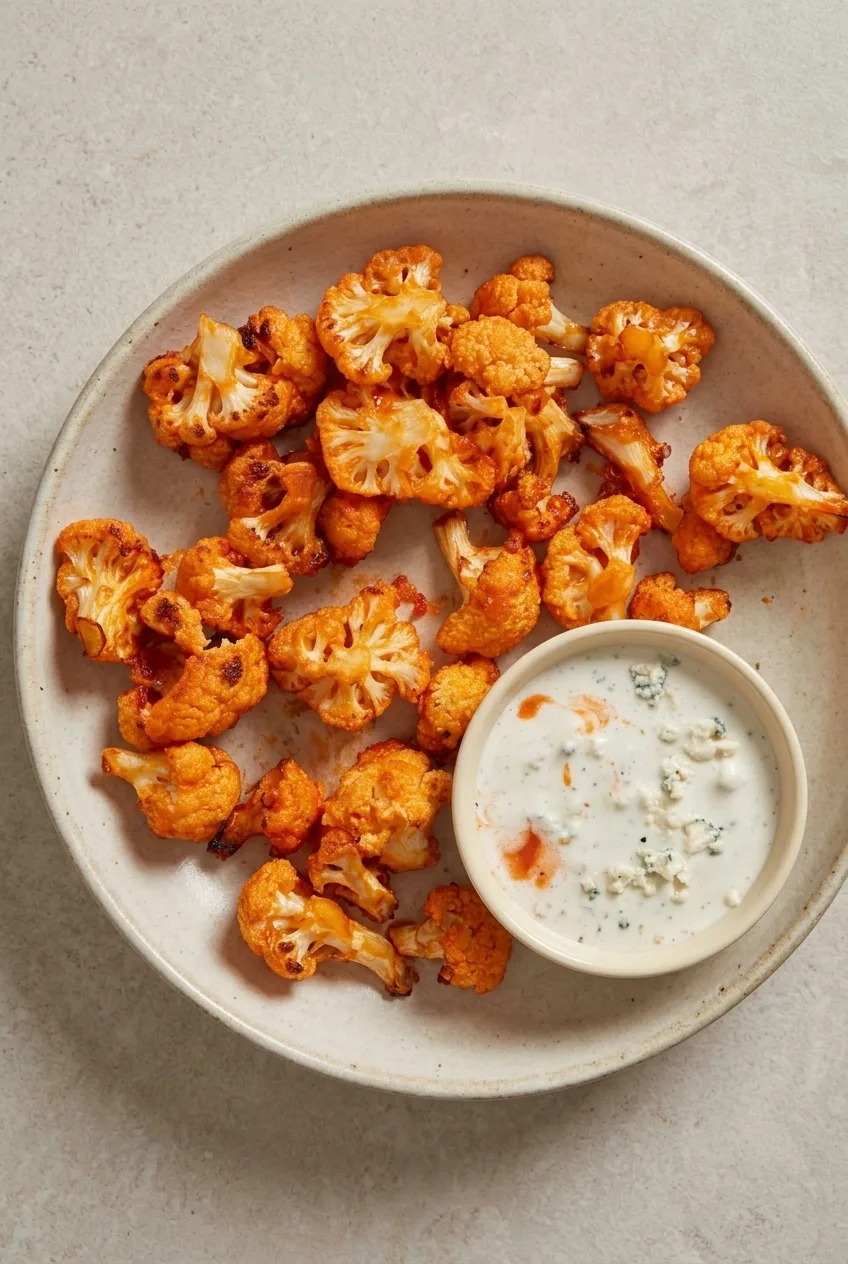Overhead bowl of air fryer buffalo cauliflower with lightly browned edges and a small bowl of creamy dip.