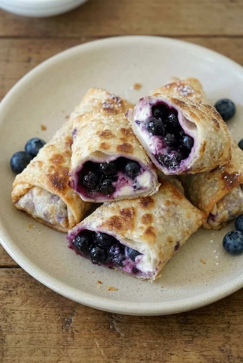 Overhead view of golden blueberry cream cheese egg rolls with cut pieces showing blueberry and cream cheese centers.