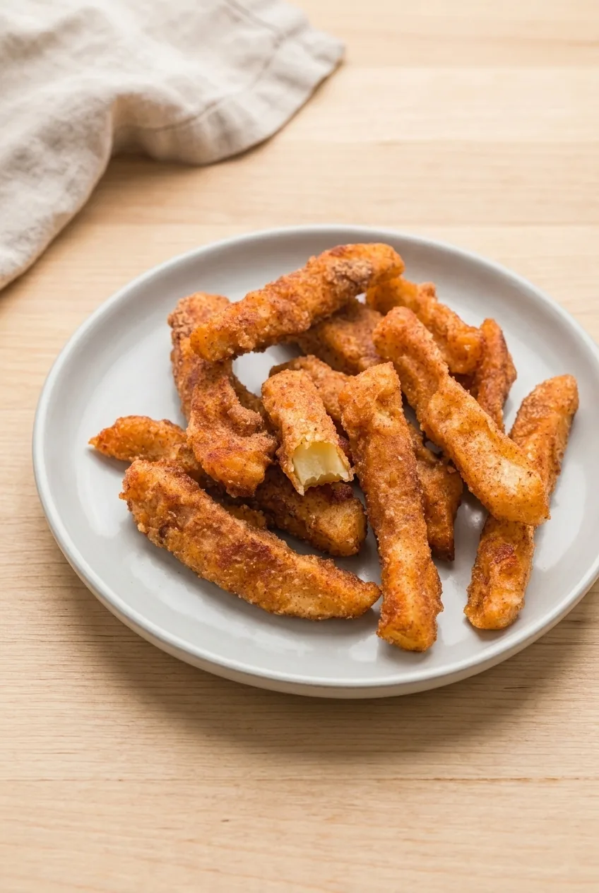 Overhead view of golden breaded air fryer apple fries, including one split to show the tender apple center.