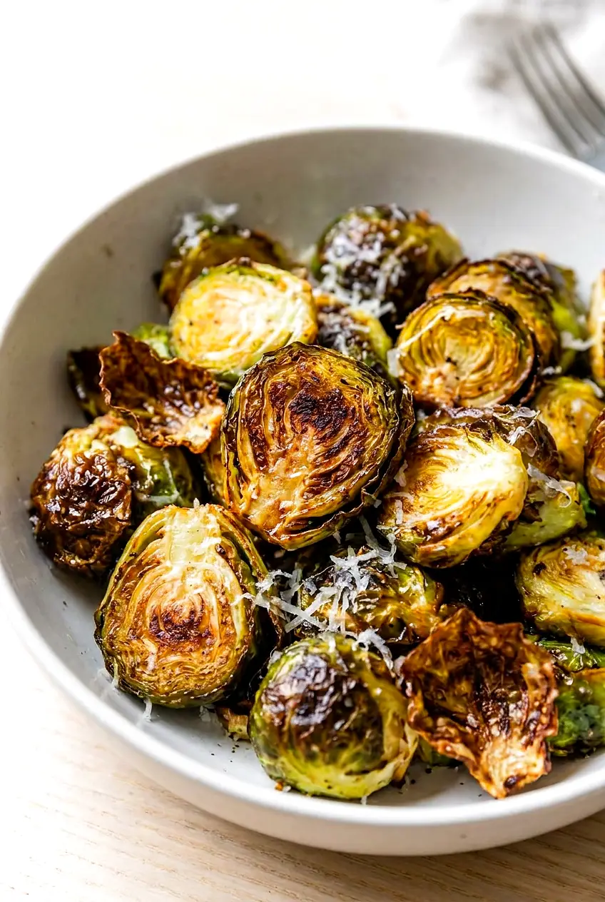 Close-up of air fryer Brussels sprouts with crispy leaves, browned cut sides, and melted cheese