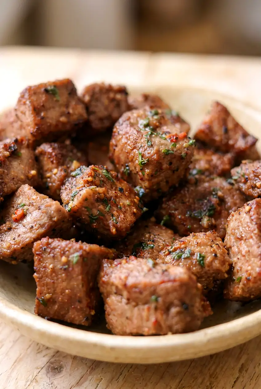 Close-up of air fryer steak bites with juicy centers, browned edges, and glossy garlic butter