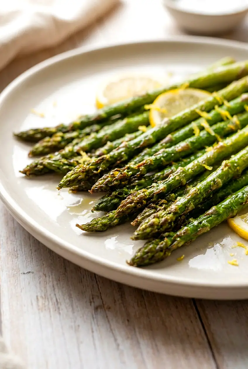 Close-up of air fryer asparagus with crisp tips and tender stalks