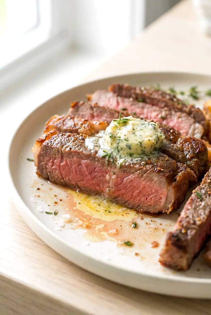 Close-up of air fryer ribeye steak sliced to show the juicy pink center and browned crust