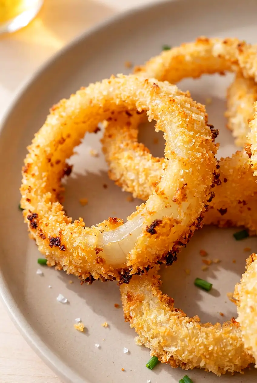 Close-up of air fryer onion rings showing the crisp golden coating and tender onion center