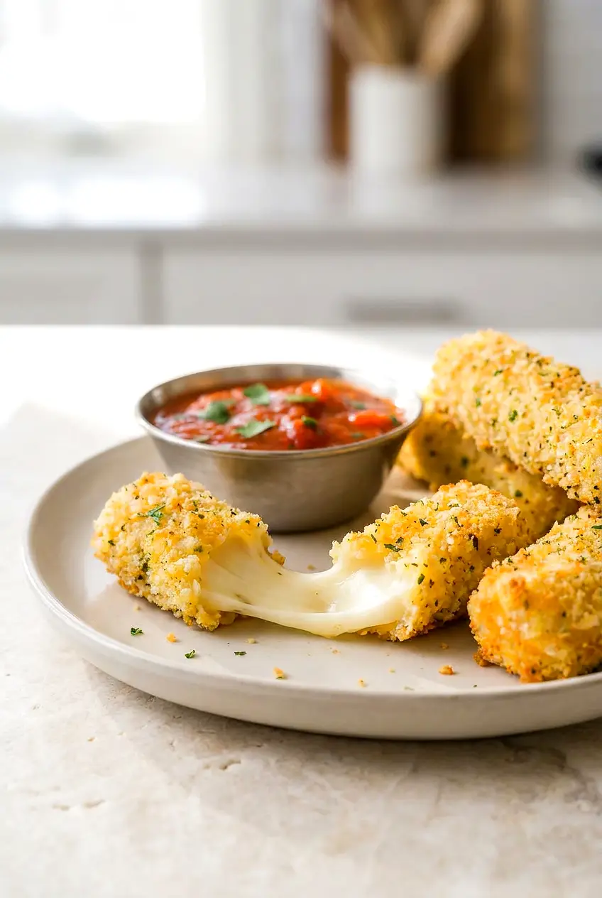 Close-up of air fryer mozzarella sticks with one piece pulled apart to show the melted cheese pull and crunchy coating