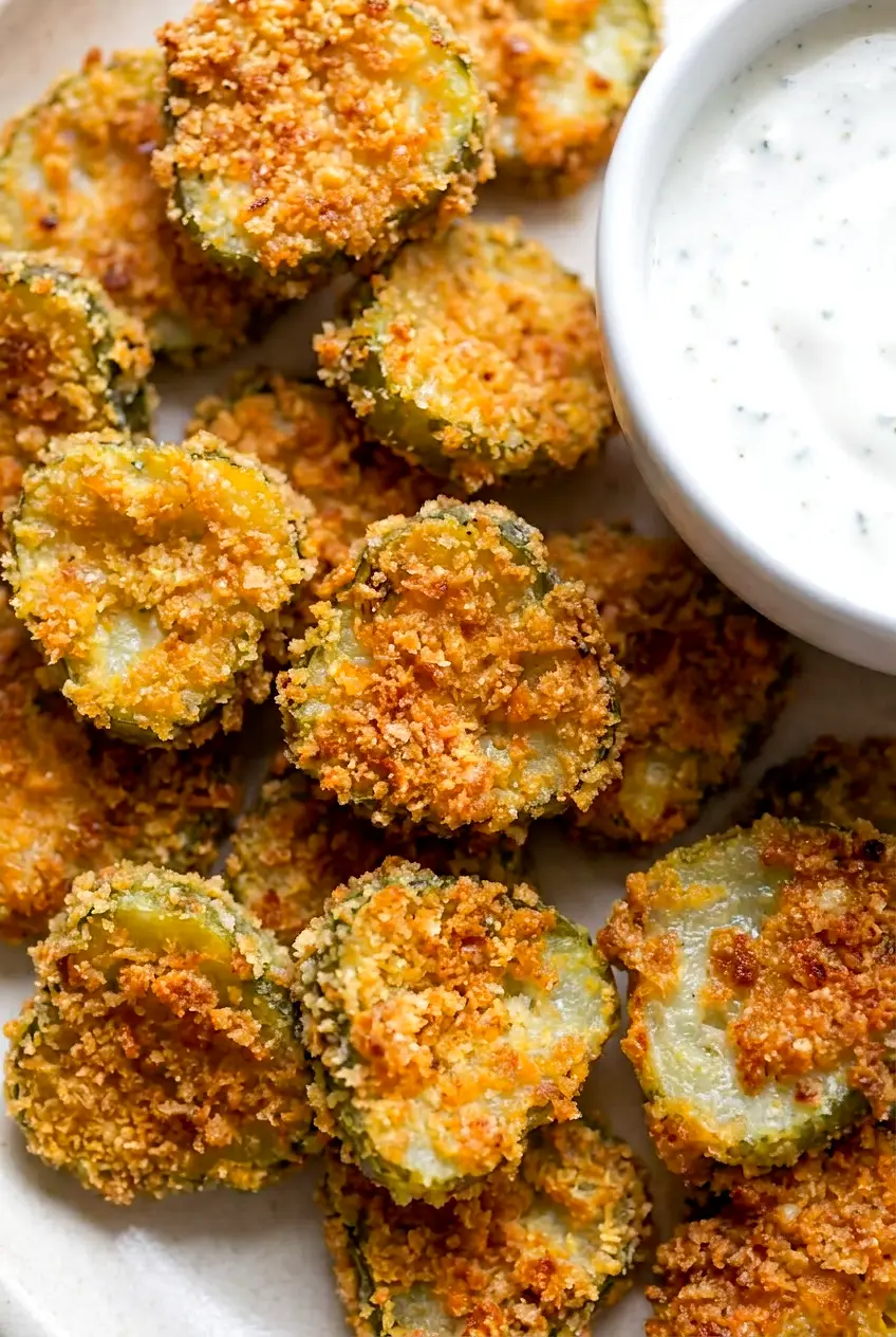 Close-up of air fryer fried pickles showing the crisp golden breading