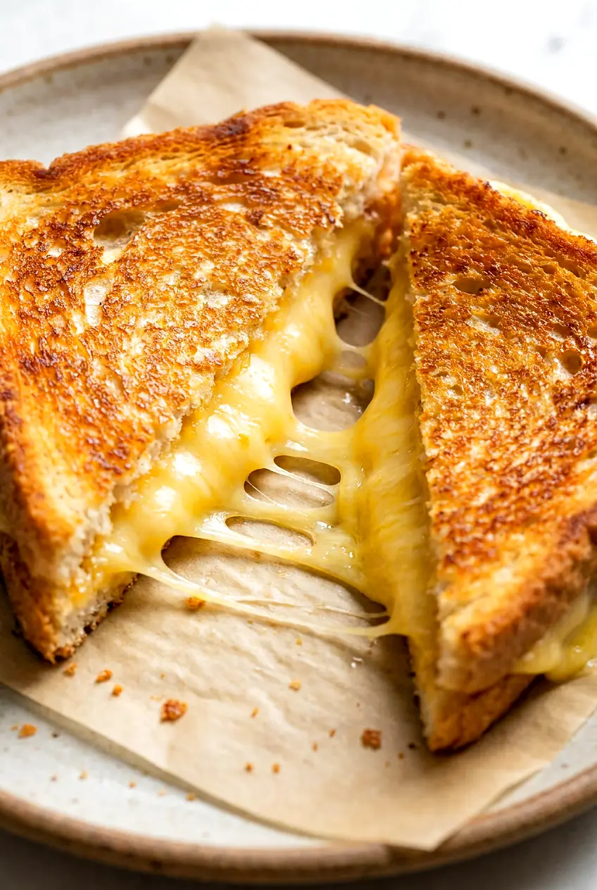 Close-up of air fryer grilled cheese sliced open to show melted cheddar and crisp browned bread