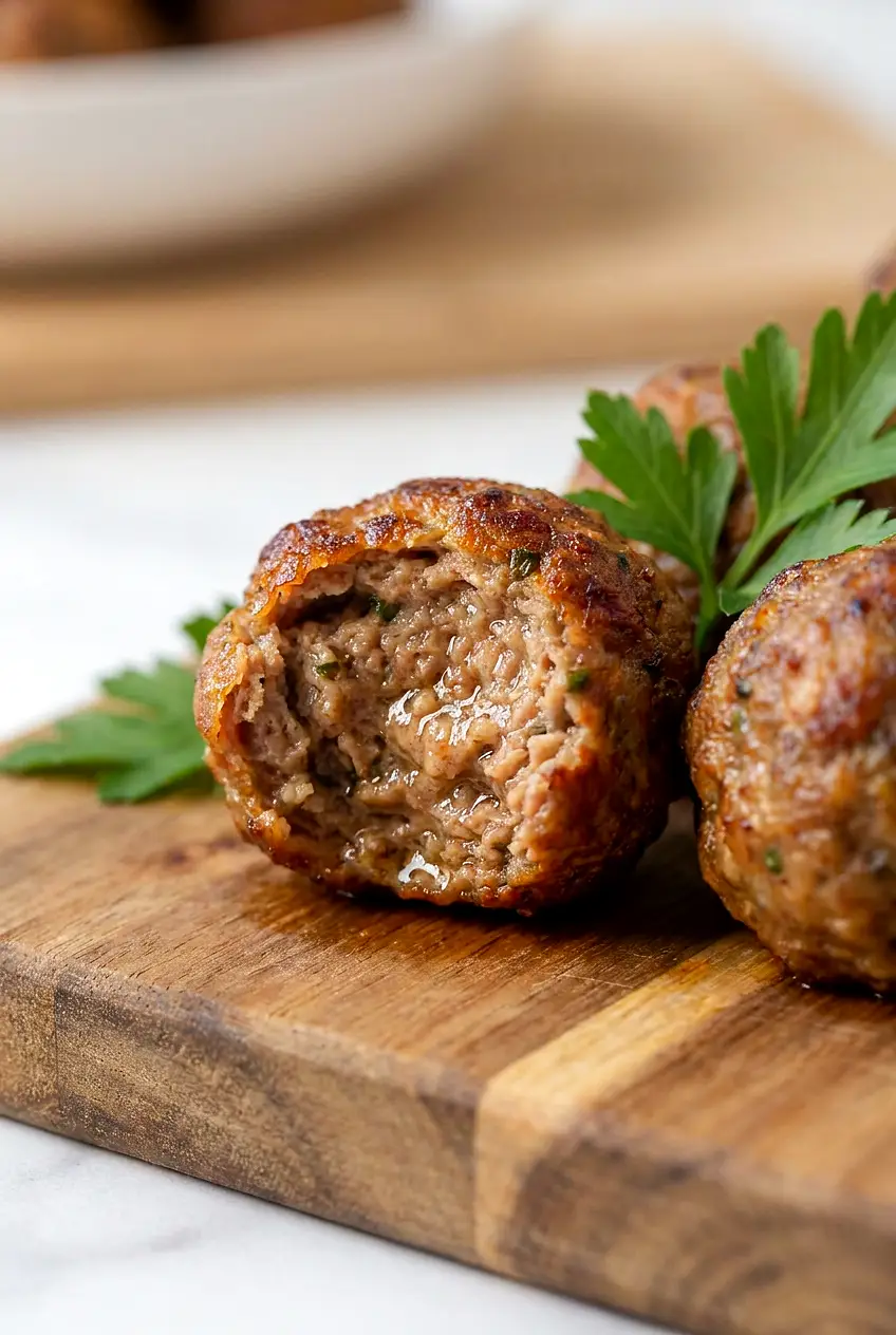 Close-up of air fryer meatballs showing a browned exterior and juicy, tender texture