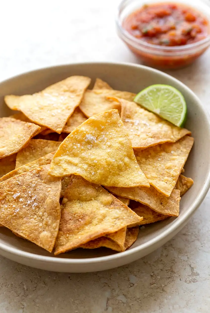 Close-up of air fryer tortilla chips showing crisp, golden edges and light salt on top