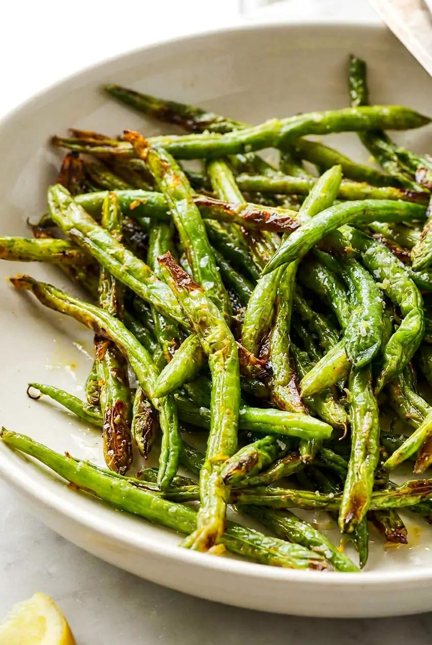 Close-up of air fryer green beans showing blistered skin, crisp edges, and lemon garnish.