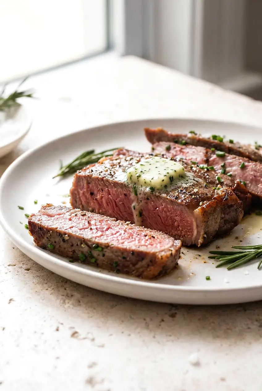 Close-up of sliced air fryer New York strip steak showing a juicy pink center and browned crust