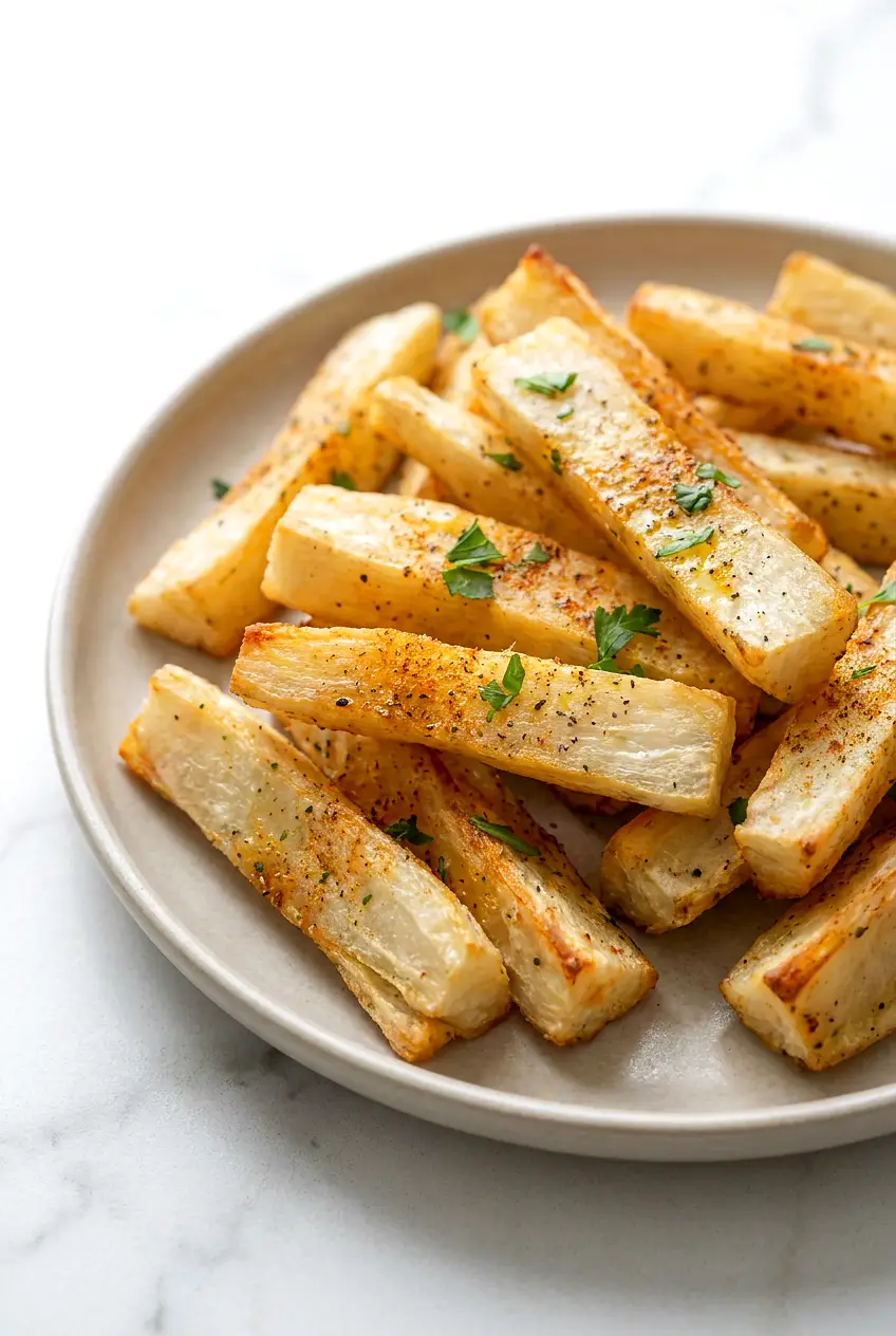 Close-up of air fryer yuca fries showing crisp golden edges and tender centers