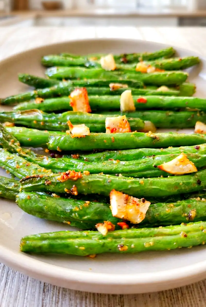 Close-up of air fryer green beans with crisp edges and wrinkled roasted texture