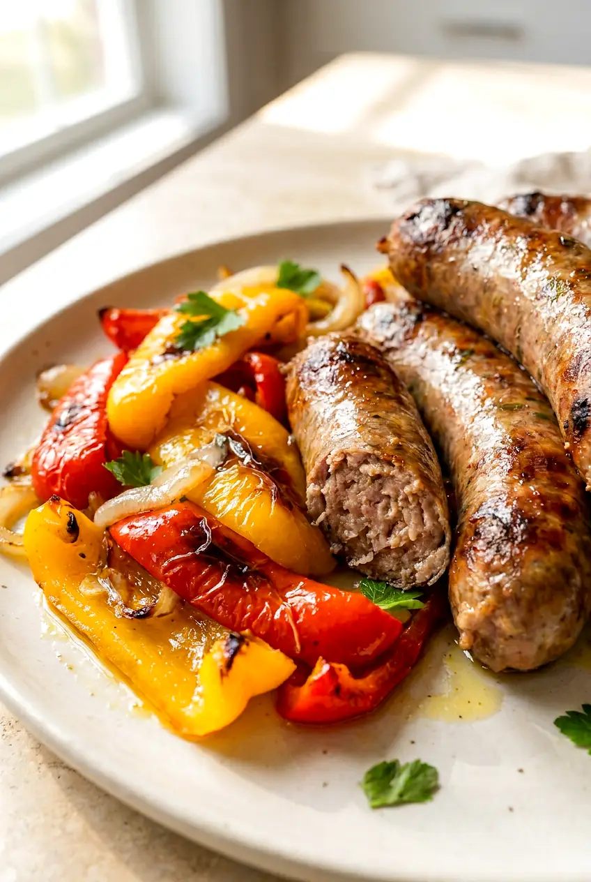 Close-up of air fryer Italian sausage and peppers showing crisped sausage casing and tender caramelized vegetables.
