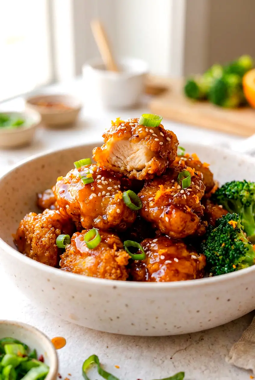 Close-up of air fryer orange chicken showing crisp breading and glossy orange sauce