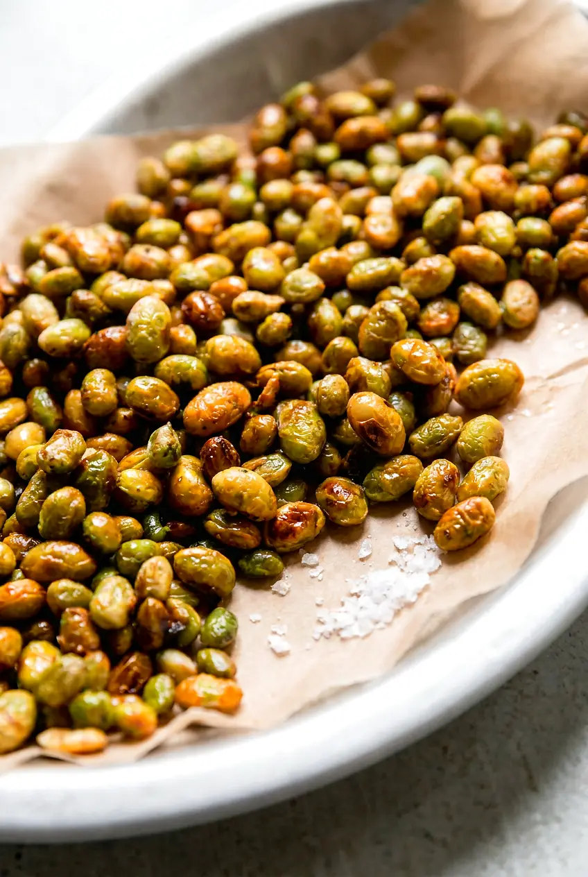 Close-up of air fryer edamame with lightly blistered, browned edges and a crisp roasted finish.