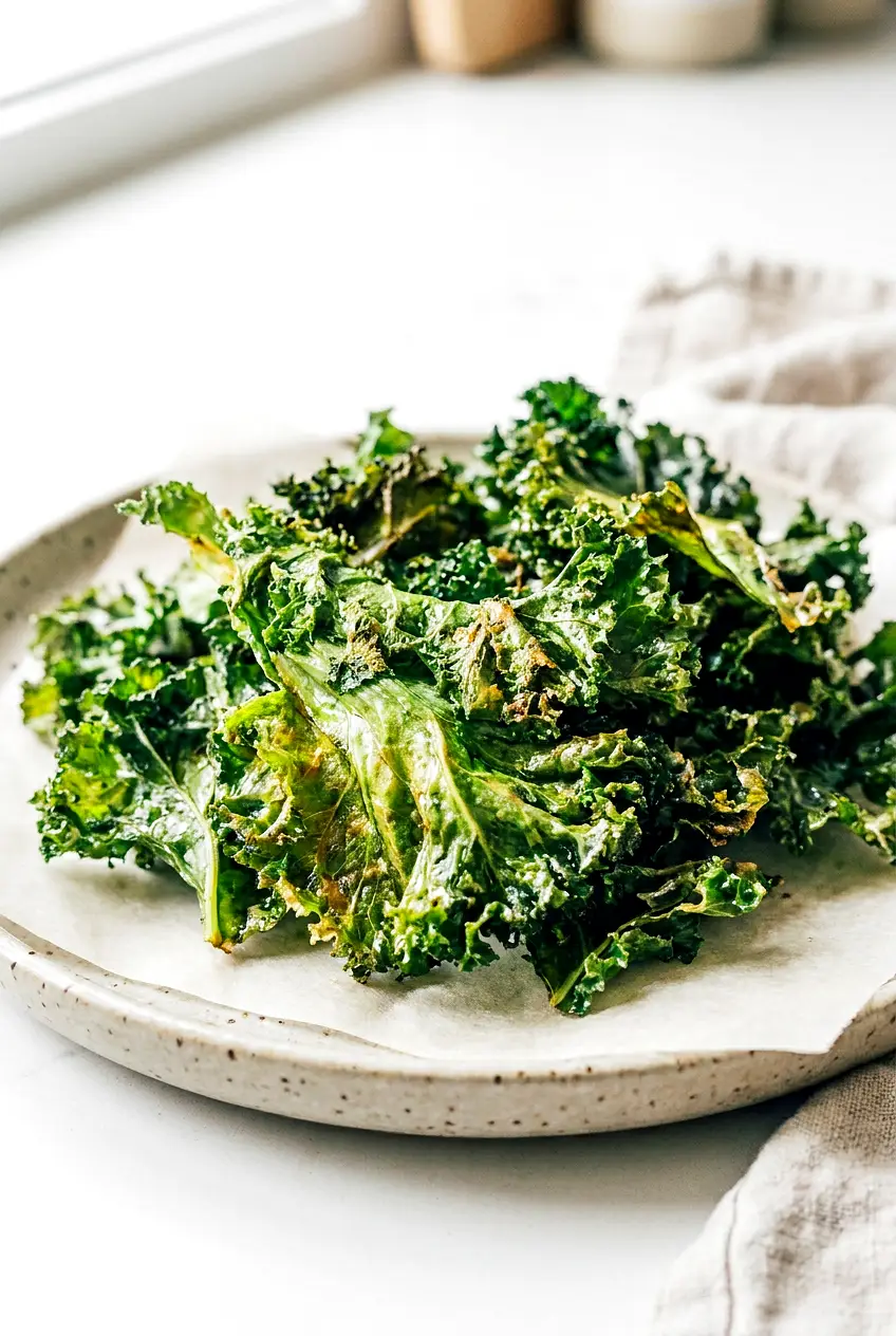 Close-up of air fryer kale chips showing shattery texture and lightly browned edges