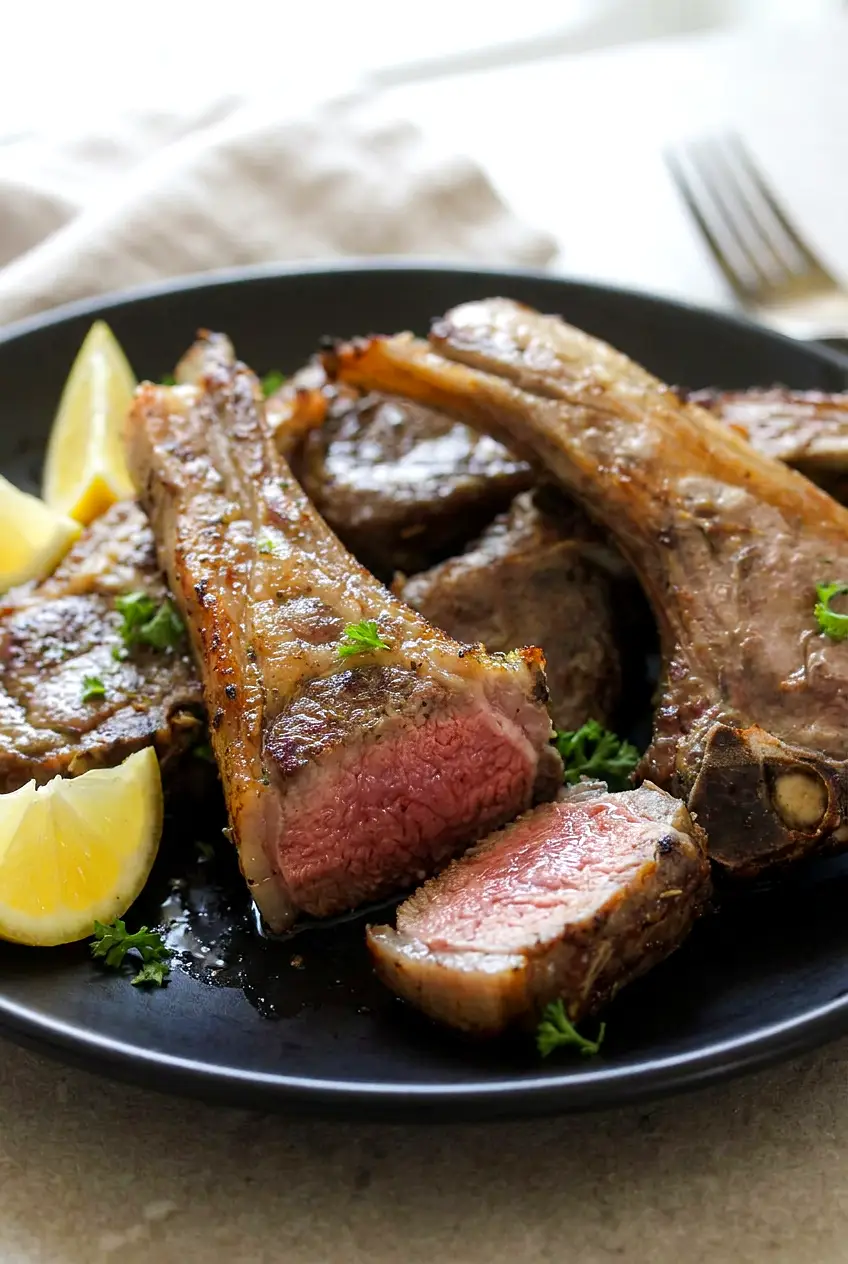 Close-up of air fryer lamb chops showing a juicy pink center and crisp browned edges