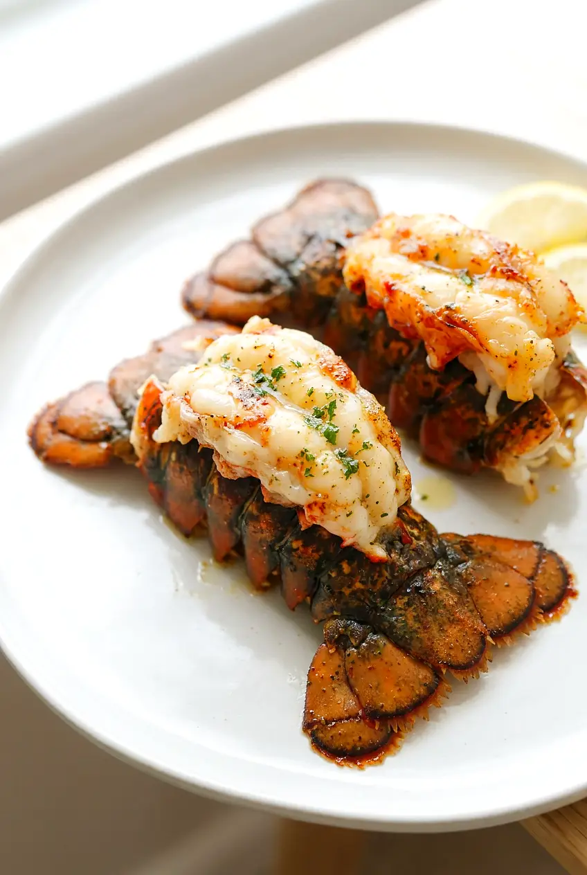 Close-up of air fryer lobster tails showing the butterflied shell and juicy opaque meat