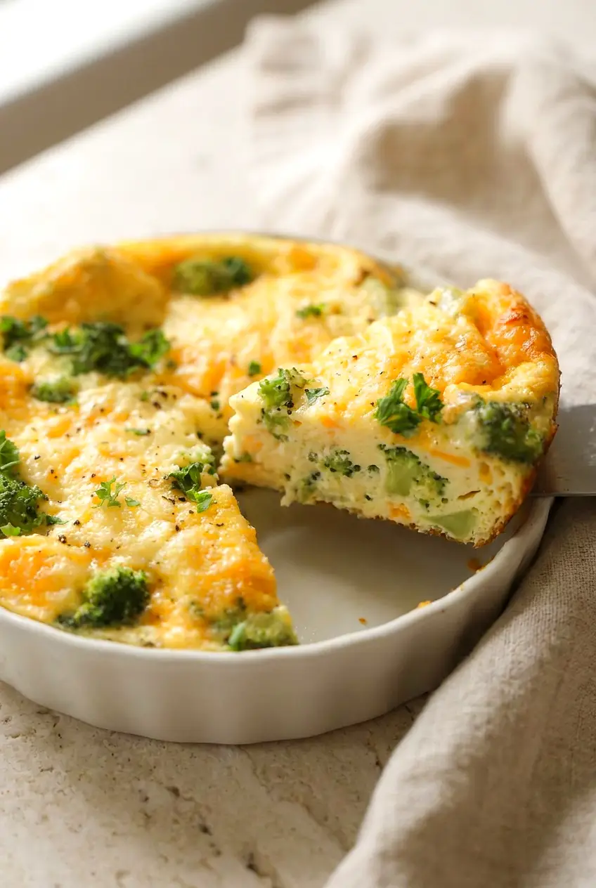 Close-up of air fryer quiche with broccoli and cheddar showing the tender custard and small broccoli florets