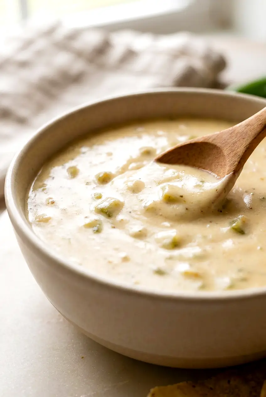 Close-up of air fryer queso dip showing smooth melted cheese and diced green chiles