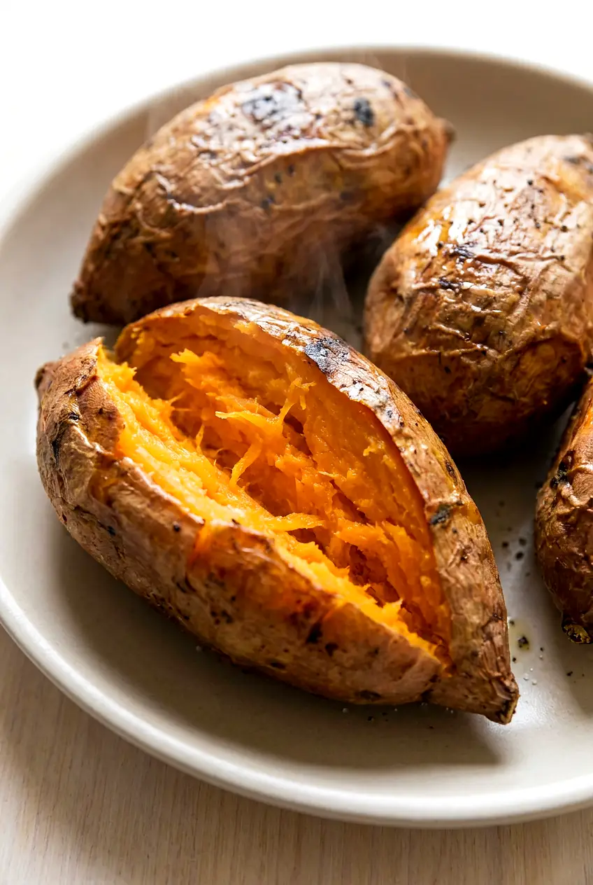 Cut-open air fryer yams showing fluffy orange centers and lightly roasted skins