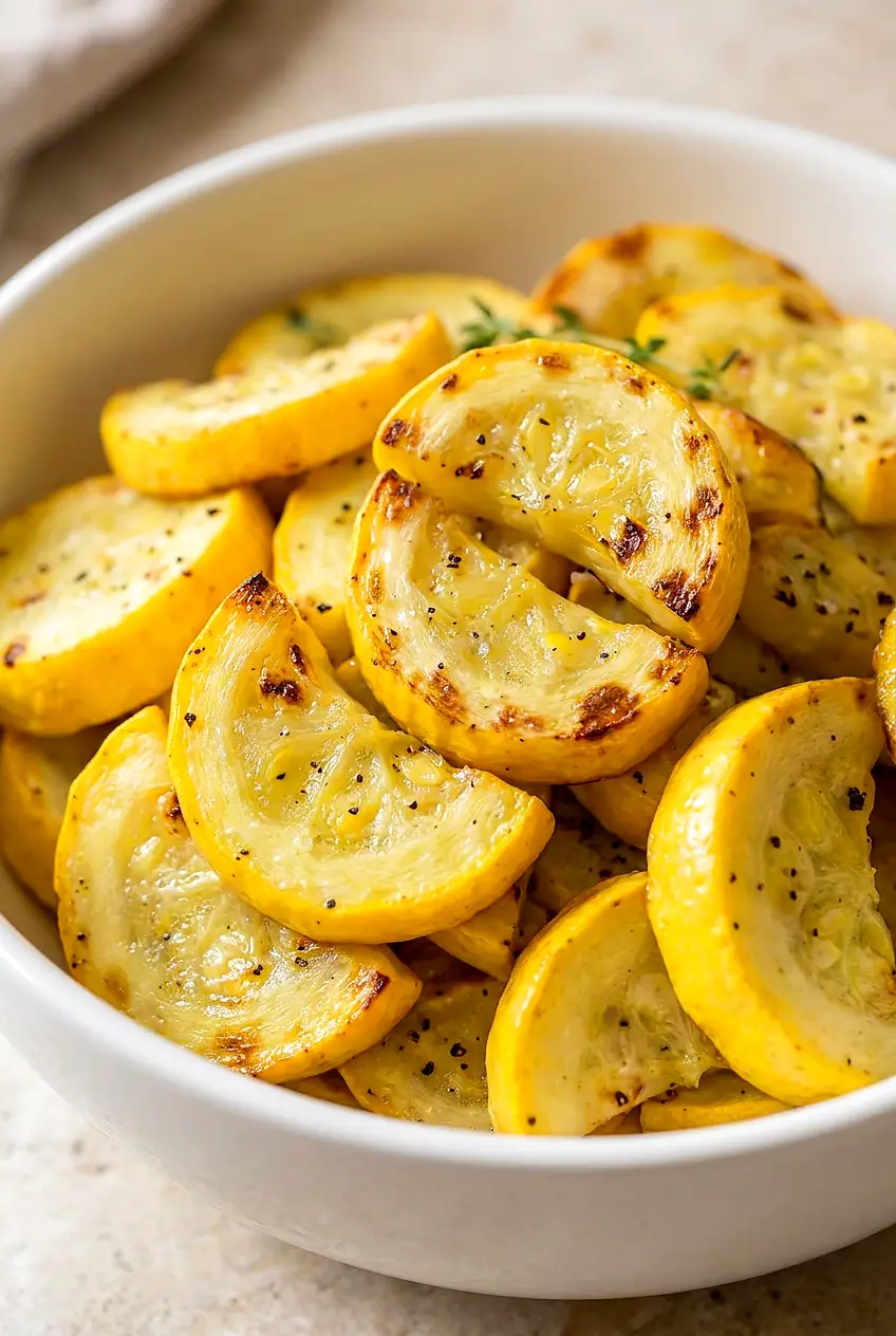 Close-up of air fryer yellow squash with tender centers, browned edges, and a light Parmesan finish.