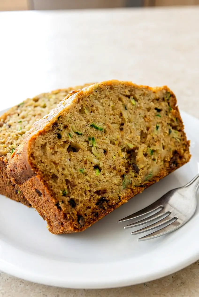 Close-up slice of air fryer zucchini bread showing a moist, tender crumb and lightly browned crust