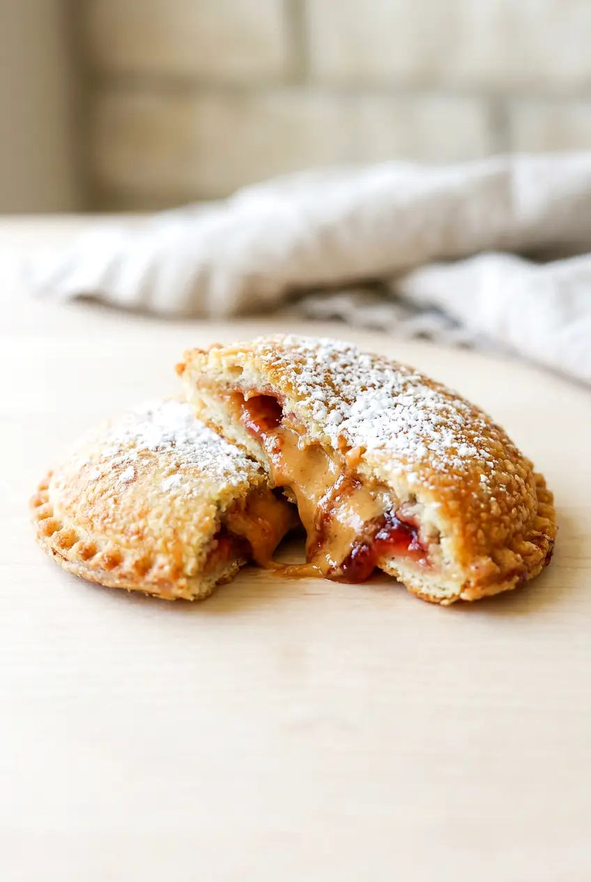 Close-up of air fryer Uncrustables showing the soft filling and crisp toasted edges