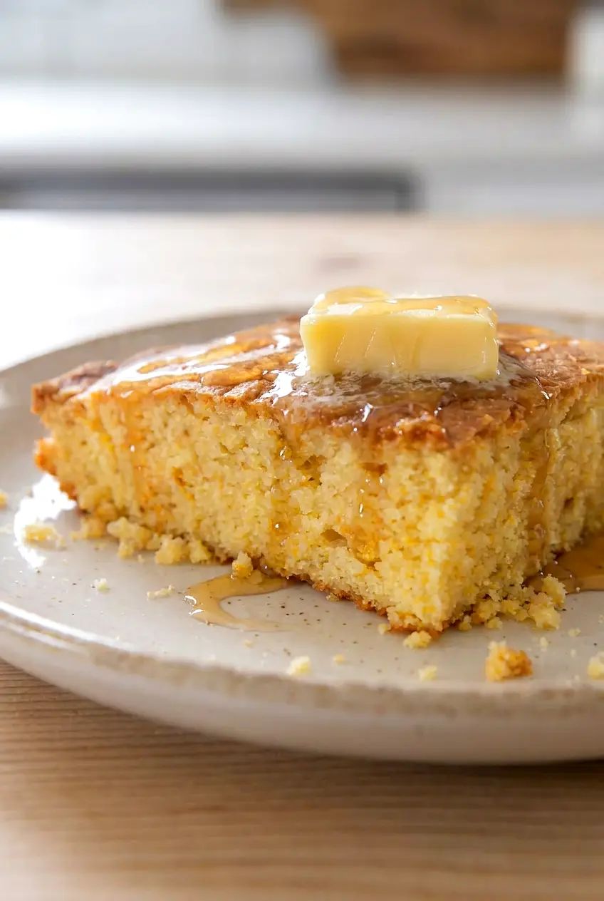 Close-up of air fryer cornbread with a soft crumb and honey drizzled on top