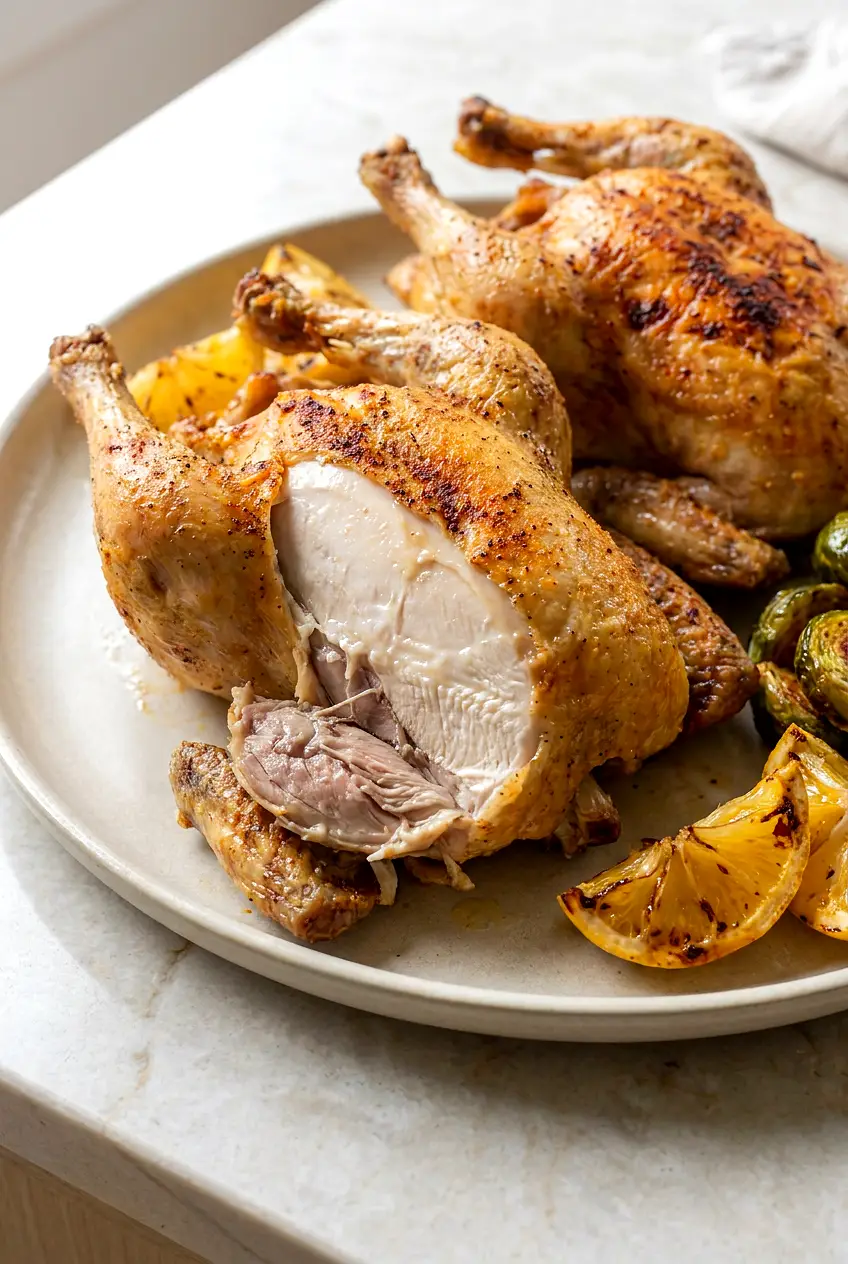 Close-up of Air fryer Cornish hens showing crispy browned skin and juicy meat with lemon wedges