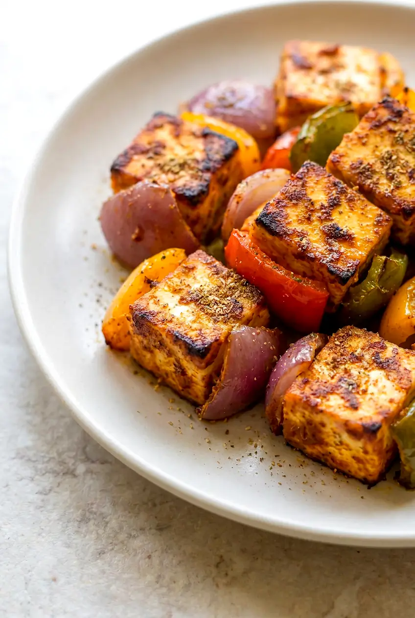 Close-up of air fryer paneer tikka showing browned paneer edges and roasted peppers and onions