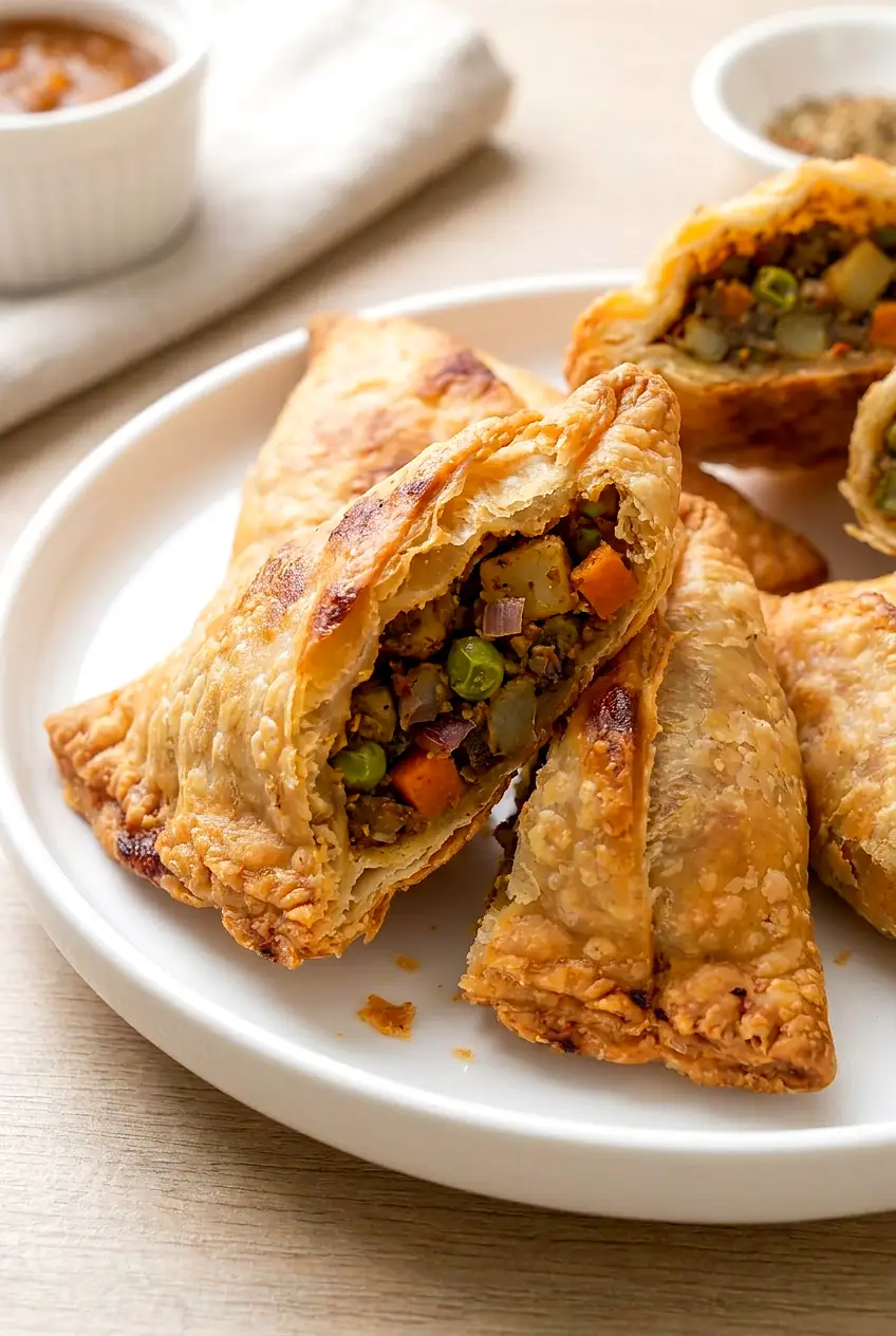 Close-up of a cut-open air fryer samosa showing the spiced potato, pea, and carrot filling.