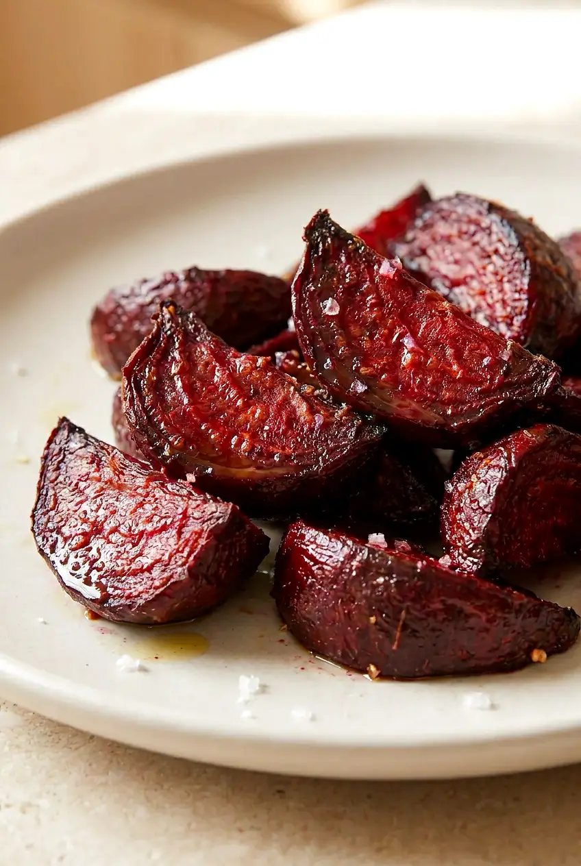 Close-up of air fryer beets showing tender centers and browned edges on a plate