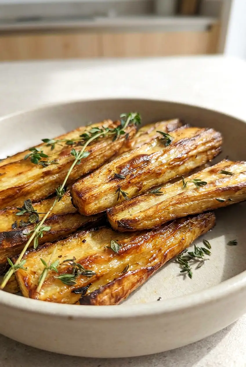 Close-up of air fryer parsnips showing crisp edges and fresh herb garnish