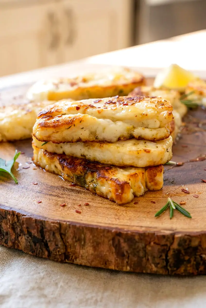 Close-up of air fryer halloumi showing golden browned edges and a soft, chewy center