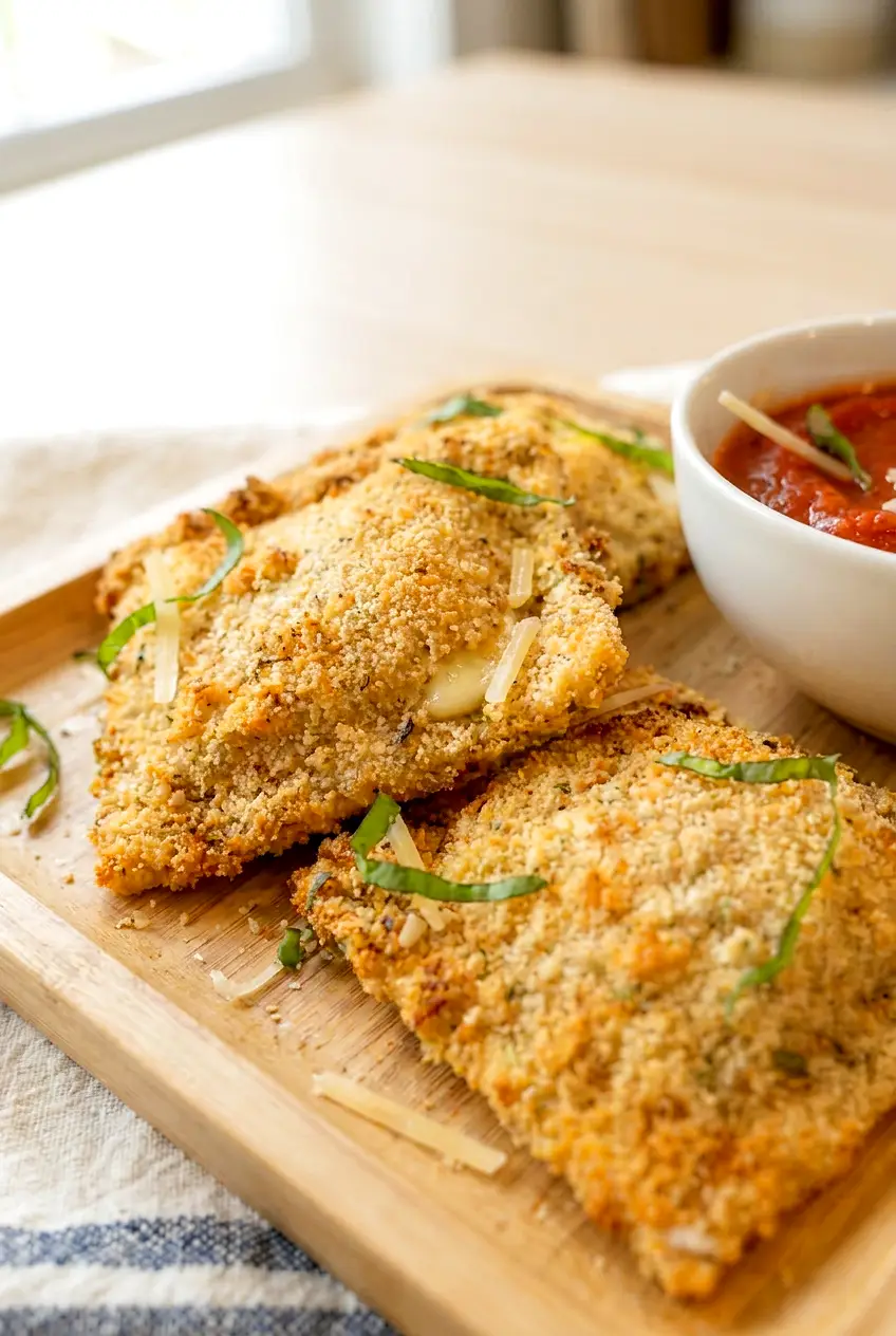 Close-up of air fryer toasted ravioli showing the crisp Parmesan breadcrumb coating and cheesy filling