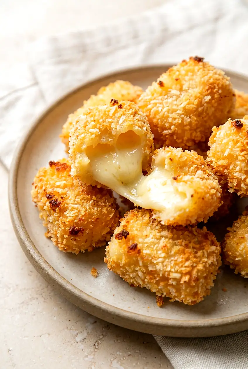 Close-up of air fryer cheese curds showing a crisp golden crumb coating and soft melted cheese inside