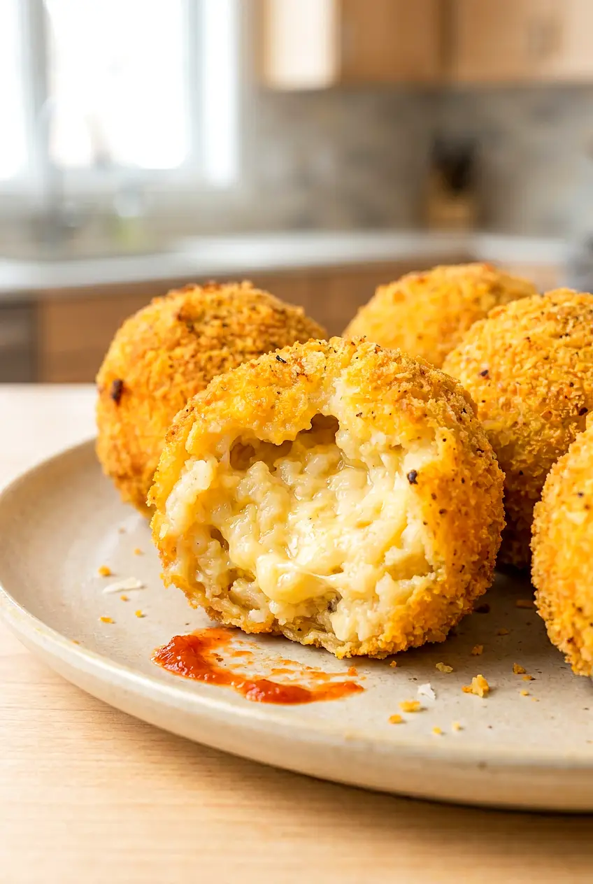 Close-up of air fryer arancini showing the crisp coating and melted cheese center