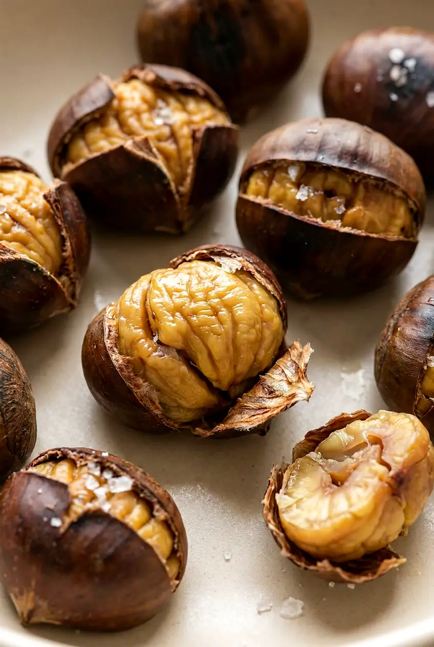 Close-up of air fryer chestnuts showing split shells, tender nut centers, and roasted texture