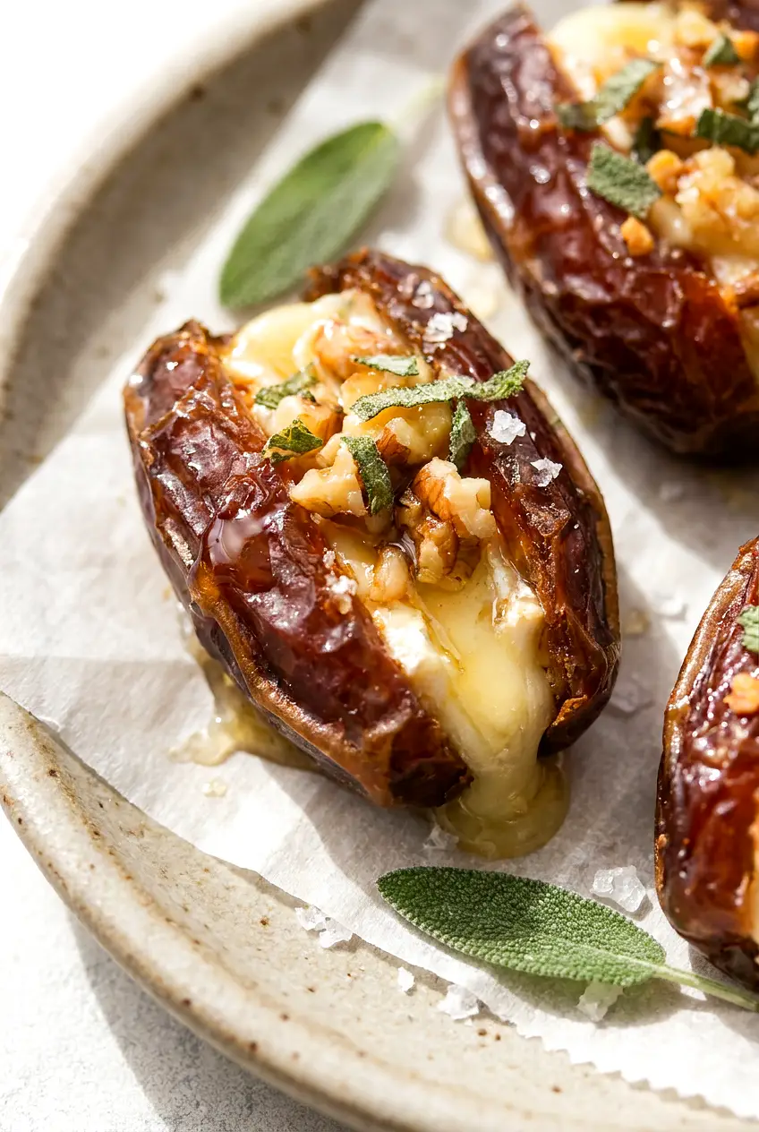 Close-up of air fryer stuffed dates with melted brie, honey drizzle, and toasted walnut topping