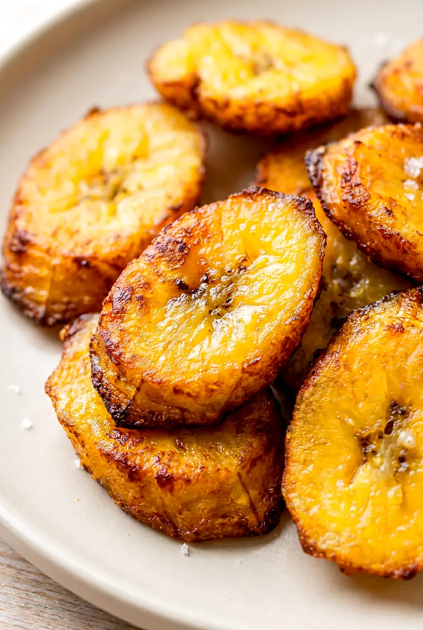 Close-up of air fryer plantains showing caramelized edges and tender, soft centers on a plate