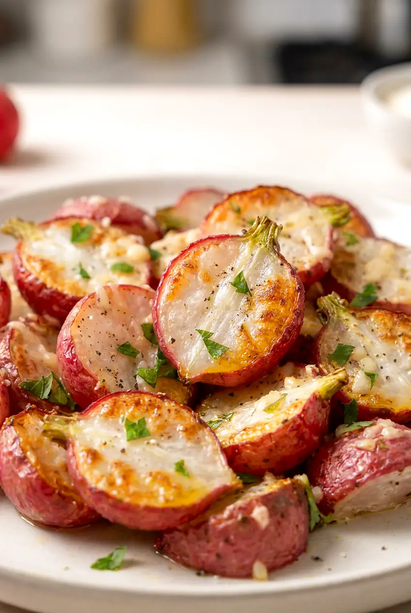 Close-up of air fryer radishes showing tender centers and browned cut sides
