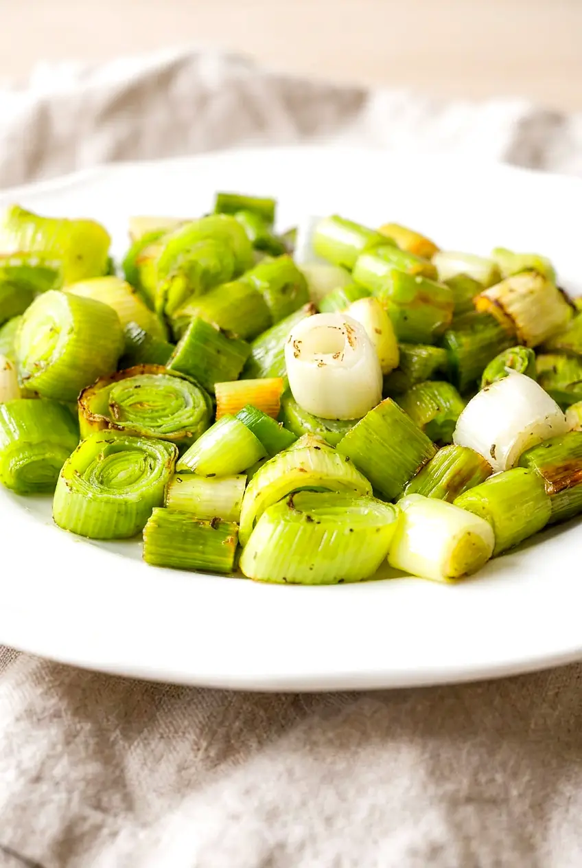 Close-up of air fryer leeks showing tender pieces with browned edges and a light herb coating