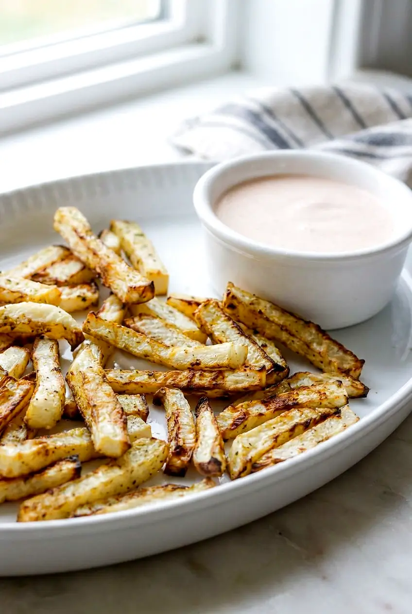 Close-up of air fryer turnips showing browned edges, tender centers, and fry sauce