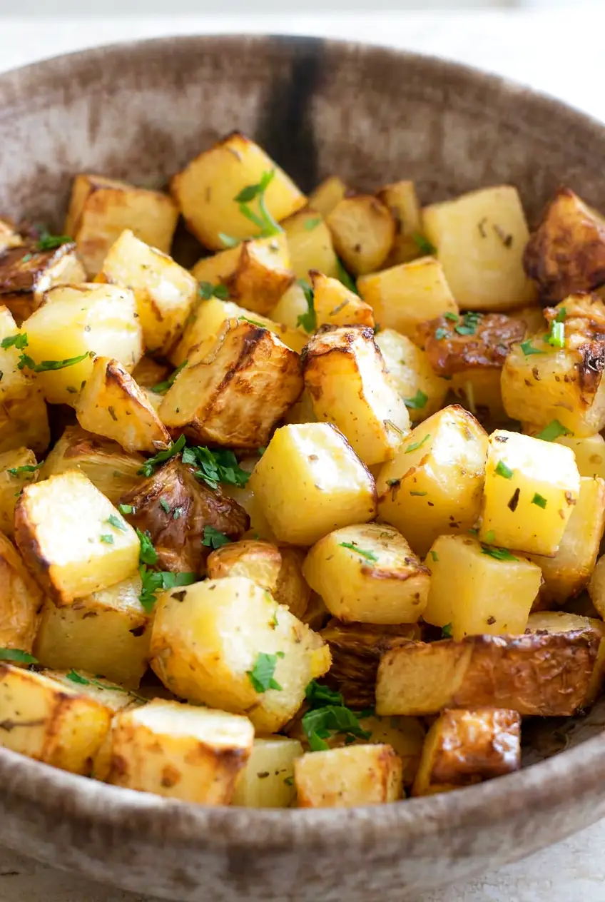 Close-up of air fryer rutabaga cubes with browned edges and parsley in a serving bowl