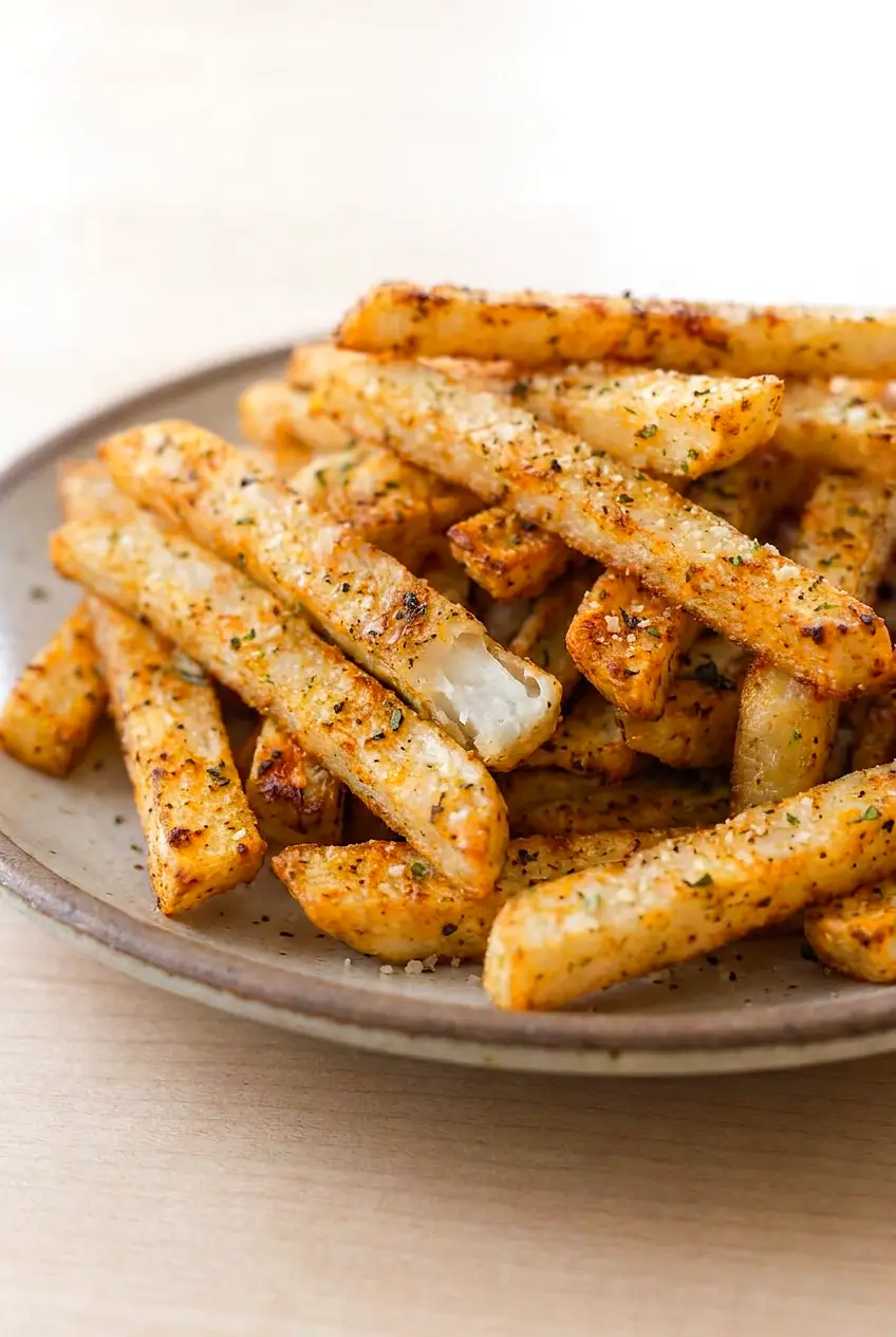 Close-up of air fryer jicama fries showing golden browned edges and Parmesan coating