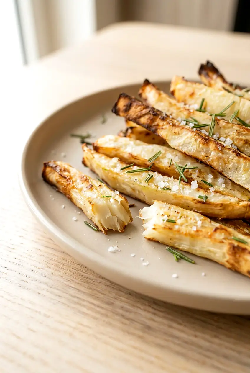 Close-up of air fryer celeriac fries showing crisp edges and tender centers
